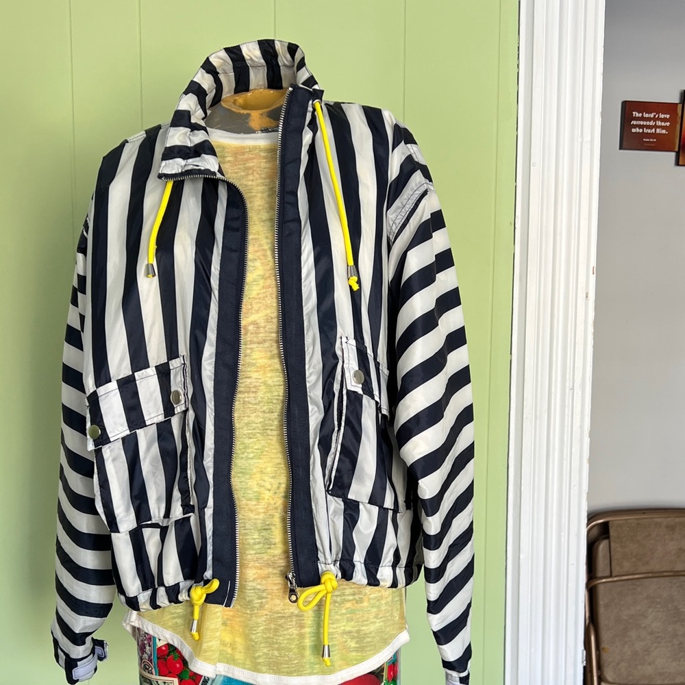 Striped Black and White Jacket with Yellow Accents